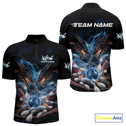 Custom Blue Lightning Flame Dragons Bowling Men Quarter-Zip Shirt, Fire Dragon Bowling Jerseys IPHW9815