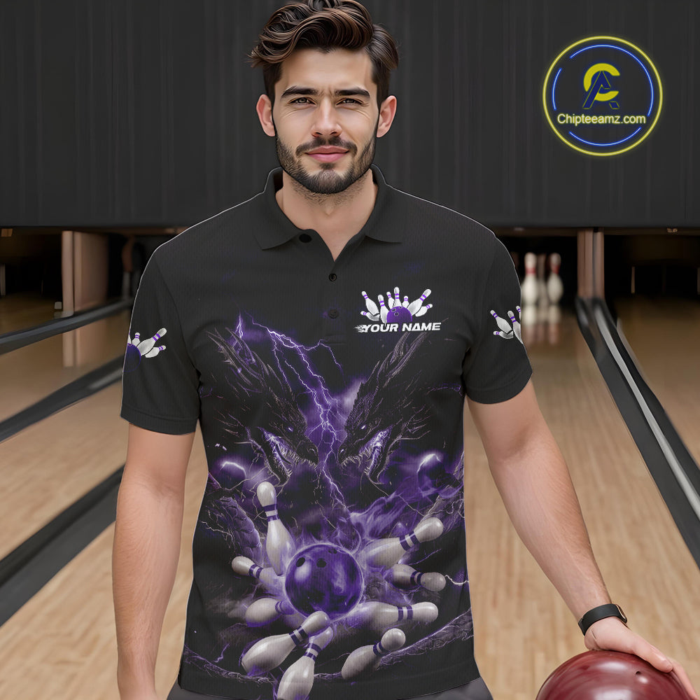 Custom Purple Lightning Flame Dragons Bowling Men Polo Shirt, Fire Dragon Bowling Jerseys IPHW9817