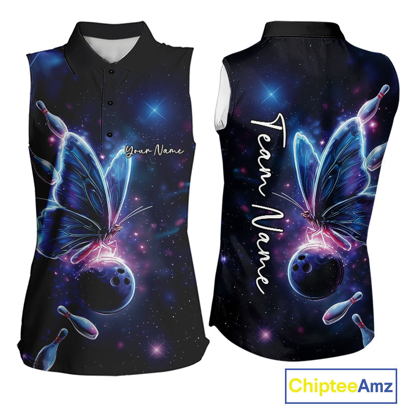 Custom Galaxy Butterfly Bowling Women Sleeveless Polo Shirts, Ladies Bowling Team Outfit IPHW10242