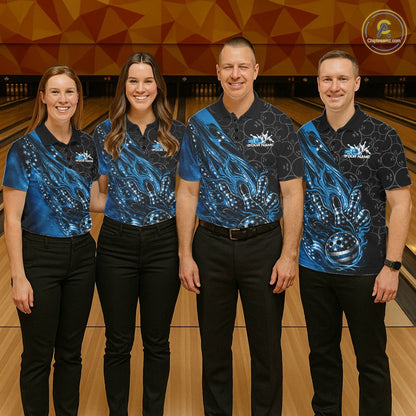 Custom Patriotic Blue Flame Bowling Shirts, US Flag Bowling Team Jerseys Freedom 4Th Of July Bowling Shirt IPHW10429