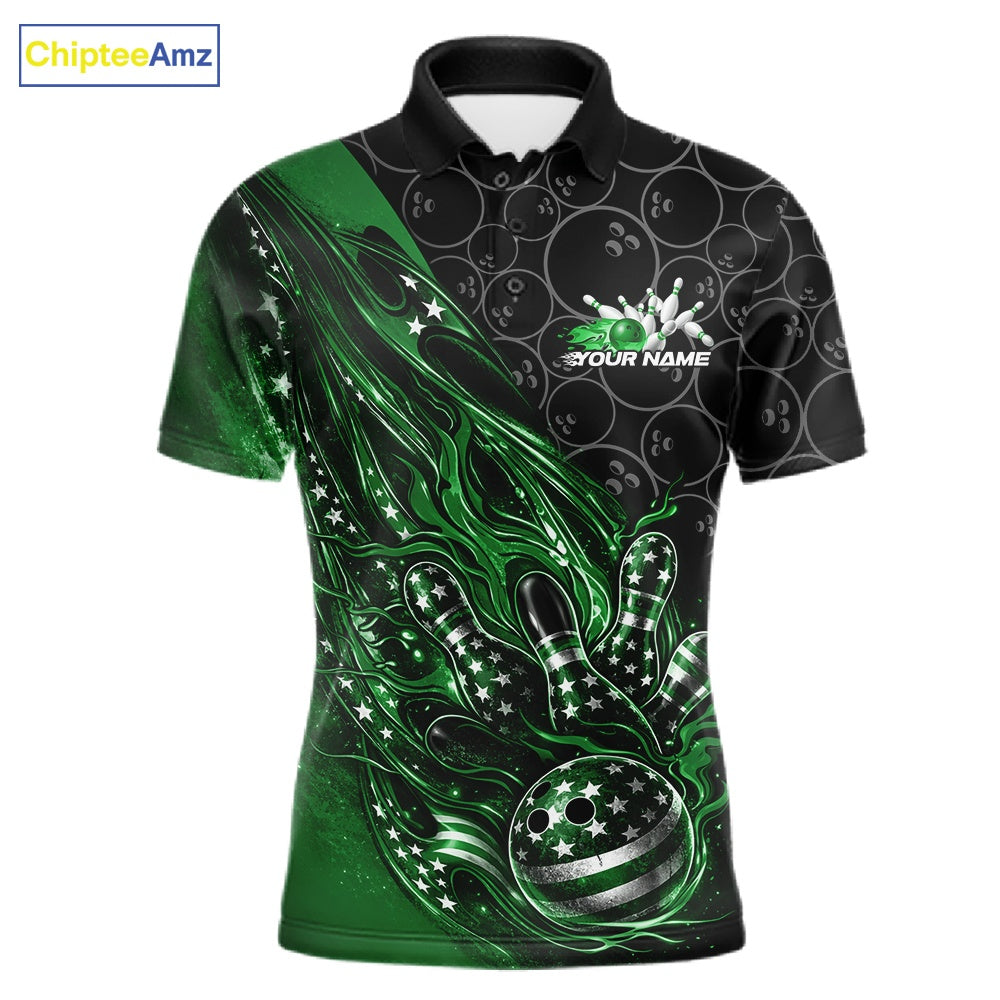 Custom Patriotic Green Flame Bowling Shirts, US Flag Bowling Team Jerseys Freedom 4Th Of July Bowling Shirt IPHW10431