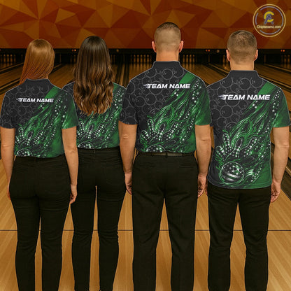 Custom Patriotic Green Flame Bowling Shirts, US Flag Bowling Team Jerseys Freedom 4Th Of July Bowling Shirt IPHW10431