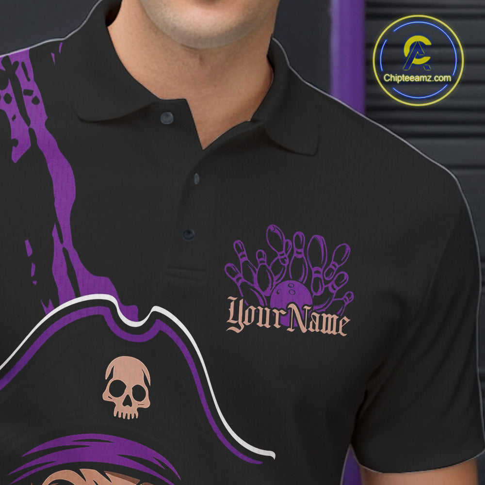 Custom Black And Purple Pirate Bowling Men Polo Shirt, Pirate Bowling Team Jerseys IPHW10708