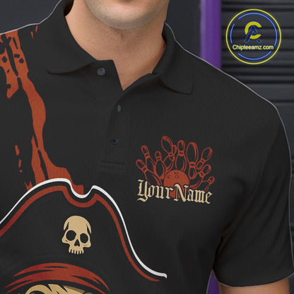 Custom Black And Orange Pirate Bowling Men Polo Shirt, Pirate Bowling Team Jerseys IPHW10709