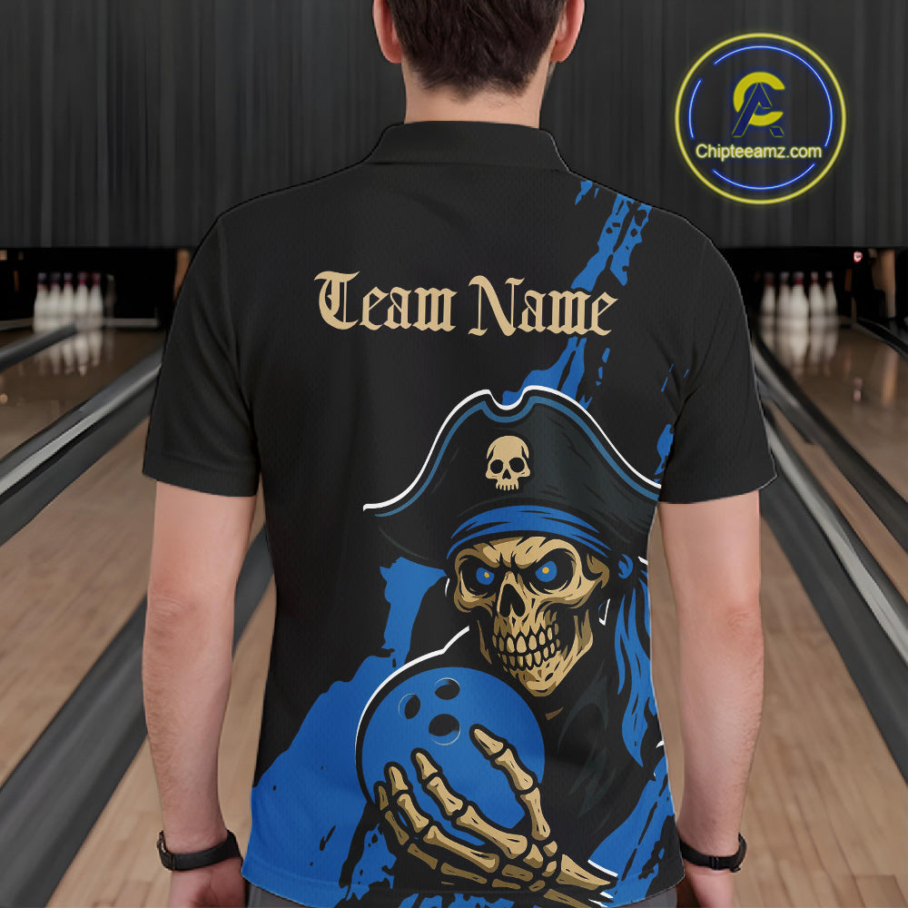 Custom Black And Blue Pirate Bowling Men Polo Shirt, Pirate Bowling Team Jerseys IPHW10710