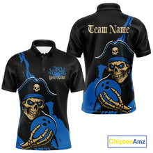 Load image into Gallery viewer, Custom Black And Blue Pirate Bowling Men Polo Shirt, Pirate Bowling Team Jerseys IPHW10710