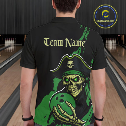 Custom Black And Green Pirate Bowling Men Polo Shirt, Pirate Bowling Team Jerseys IPHW10711