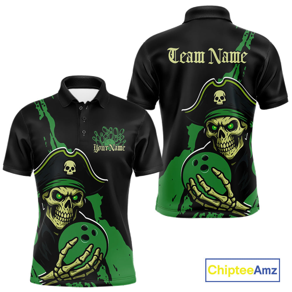 Custom Black And Green Pirate Bowling Men Polo Shirt, Pirate Bowling Team Jerseys IPHW10711