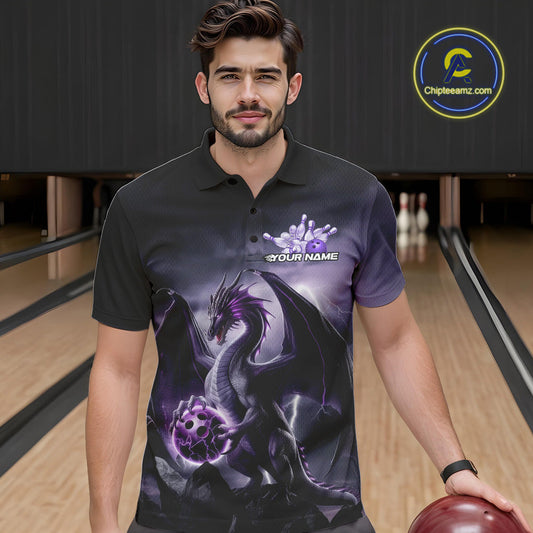 Custom Black And Purple Thunder Lightning Dragon Bowling Men Polo Shirts, Team Outfit IPHW9098