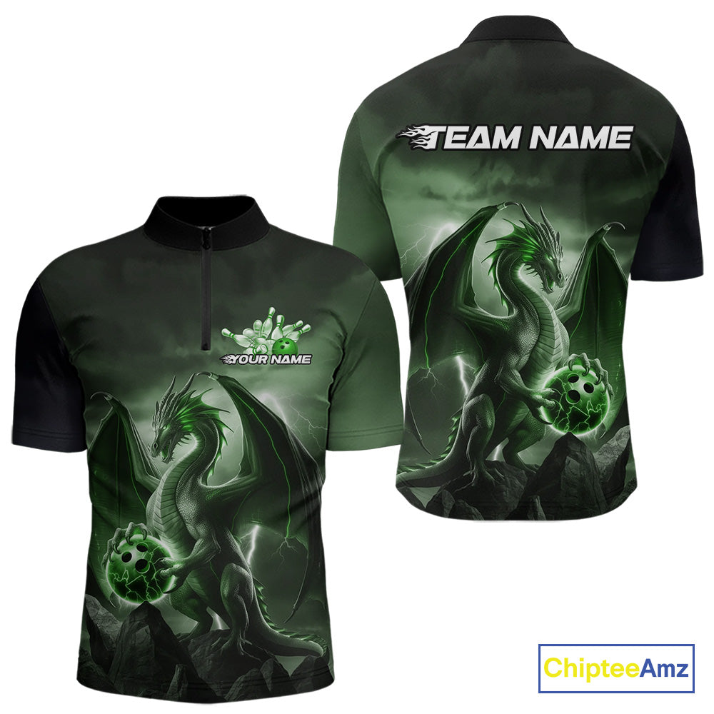 Custom Black And Green Thunder Lightning Dragon Bowling Men Quarter-Zip Shirts, Team Outfit IPHW9100