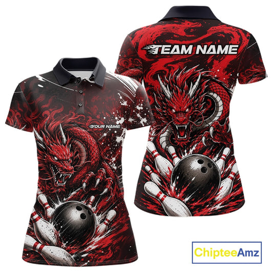 Red and black dragon-themed bowling shirt with 'Team Name' and 'Your Name' text on a white background.