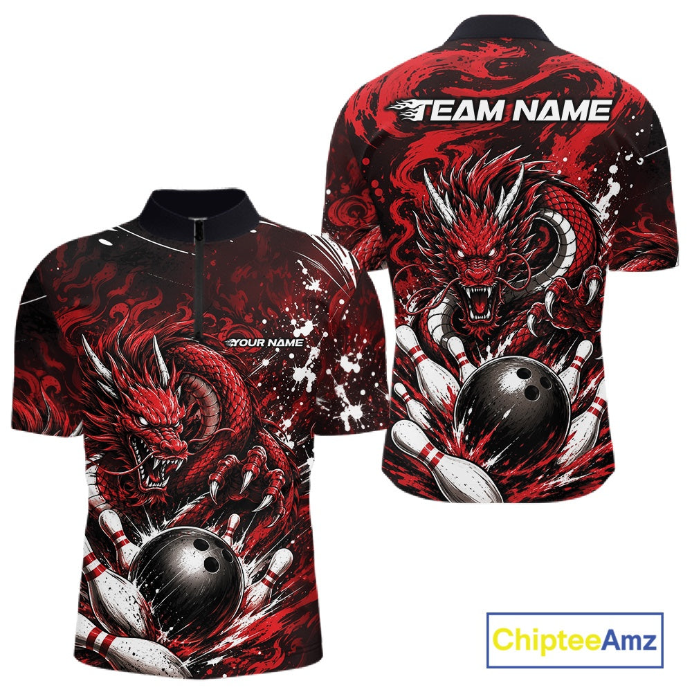 Bowling shirt with red dragon design on front and back, featuring 'Team Name' text.