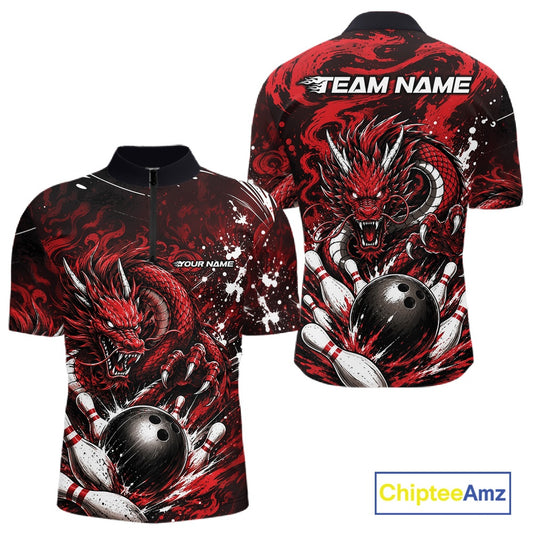 Bowling shirt with red dragon design on front and back, featuring 'Team Name' text.
