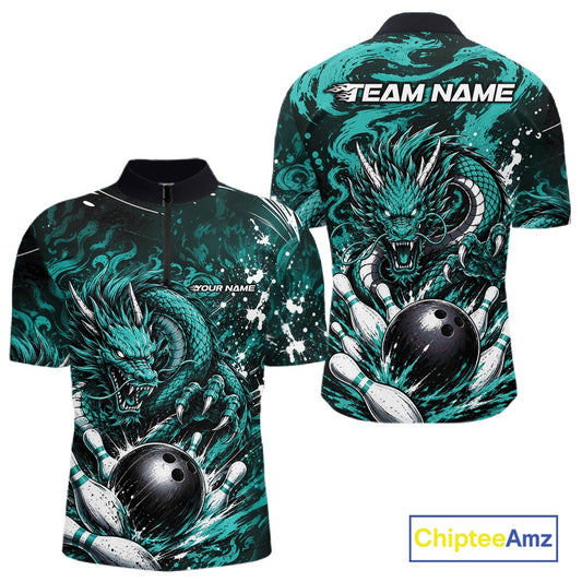 Teal dragon-themed bowling shirt with customizable text on a white background