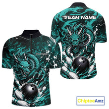 Load image into Gallery viewer, Teal dragon-themed bowling shirt with customizable text on a white background