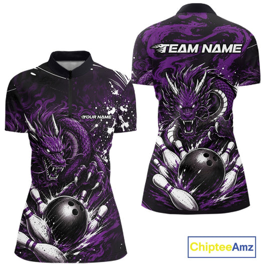 Purple and black bowling shirt with dragon design and 'Team Name' text on a white background.