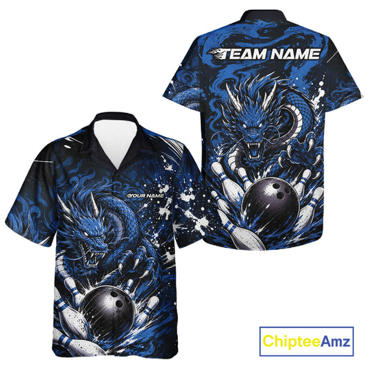 Bowling shirt with blue dragon design on front and back, featuring 'Team Name' text.