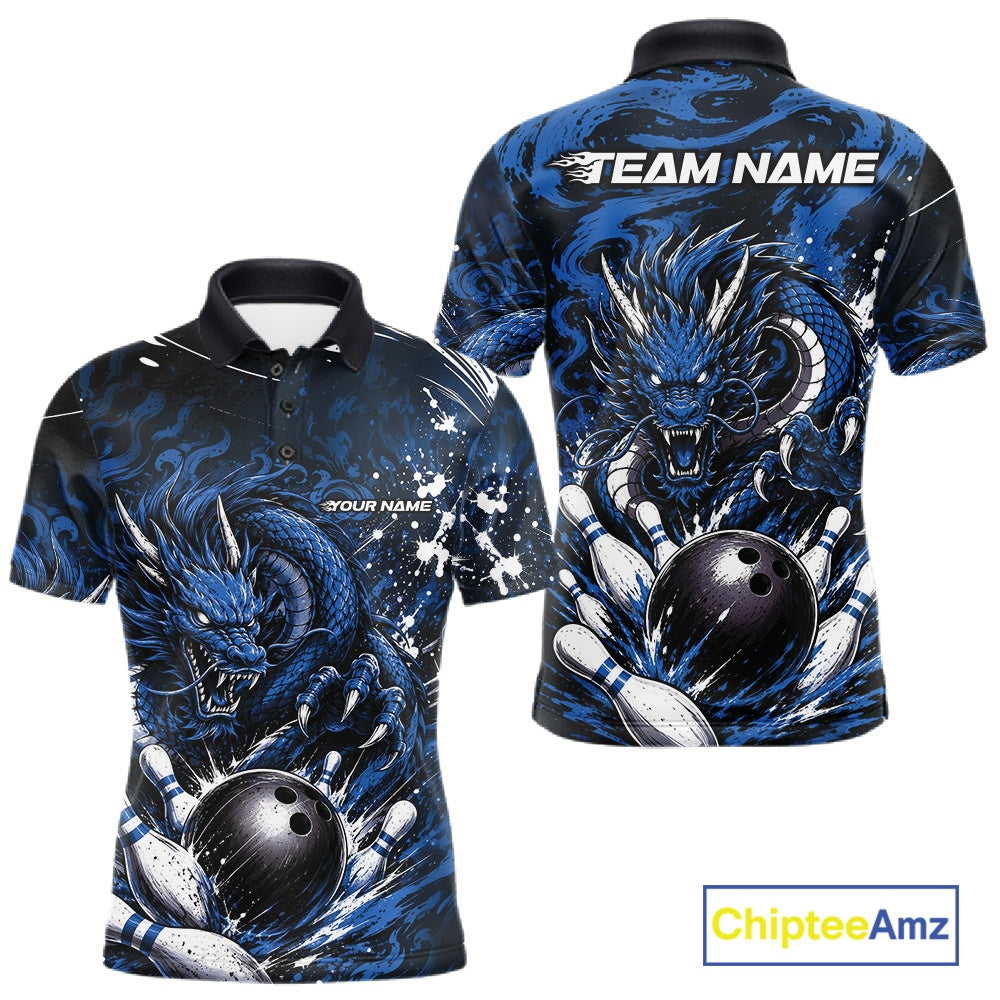 Blue and black dragon-themed polo shirt with customizable text on a white background