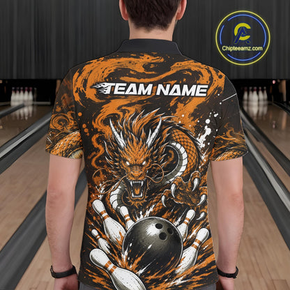 Person wearing a bowling shirt with a dragon design and 'Team Name' text in a bowling alley.