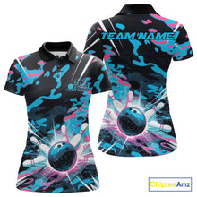 Load image into Gallery viewer, Custom Blue And Pink Camo Bowling Polo Shirts For Women, Camouflage Bowling Team Outfit IPHW9832