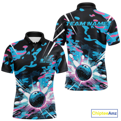 Custom Blue And Pink Camo Bowling Polo Shirts For Men, Camouflage Bowling Team Outfit IPHW9832