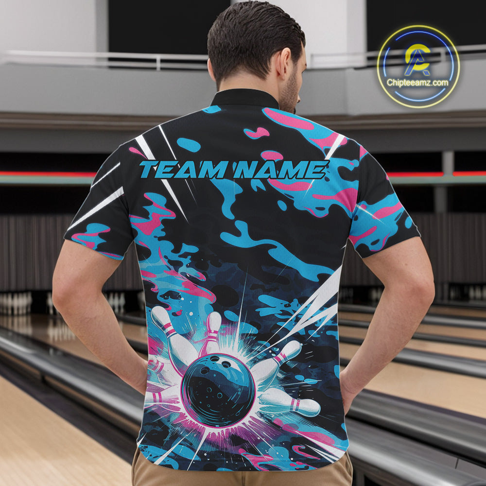 Custom Blue And Pink Camo Bowling Quarter-Zip Shirts For Men, Camouflage Bowling Team Outfit IPHW9832