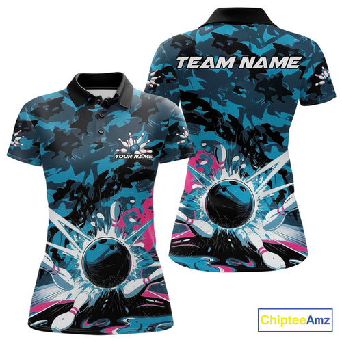 Custom Blue And Pink Camo Bowling Polo Shirts For Women, Camouflage Bowling Team Outfit IPHW9833