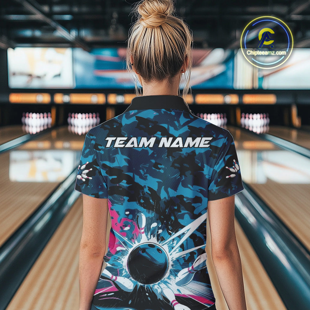 Custom Blue And Pink Camo Bowling Women Quarter-Zip Shirt, Camouflage Bowling Team Outfit IPHW9833