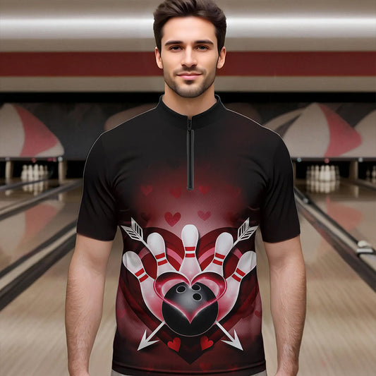 Custom Valentine Bowling Heart And Arrow Quarter-Zip Shirts For Men, Couple Bowling Outfits IPHW8368