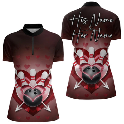 Custom Valentine Bowling Heart And Arrow Quarter-Zip Shirt For Women, Couple Bowling Outfit IPHW8368