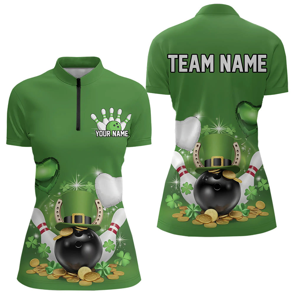 Custom Green St Patrick'S Day Bowling Team Quarter-Zip Shirts For Women IPHW8373