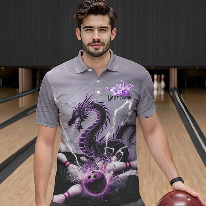 Custom Purple Thunder Lightning Dragon Bowling Polo Shirts For Men, Bowling Team Uniform IPHW8558