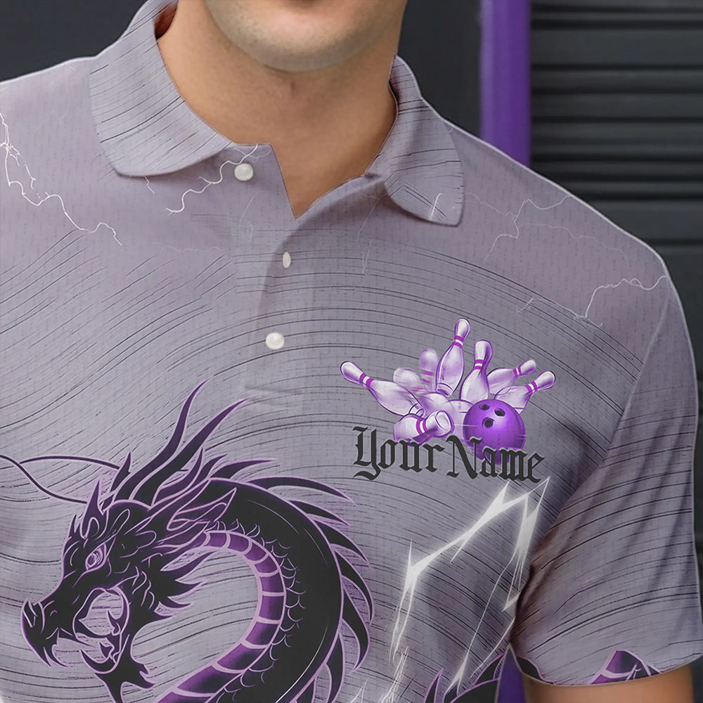 Custom Purple Thunder Lightning Dragon Bowling Polo Shirts For Men, Bowling Team Uniform IPHW8558
