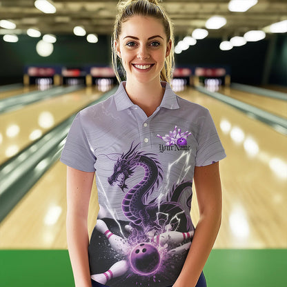 Custom Purple Thunder Lightning Dragon Bowling Polo Shirts For Women, Bowling Team Uniform IPHW8558