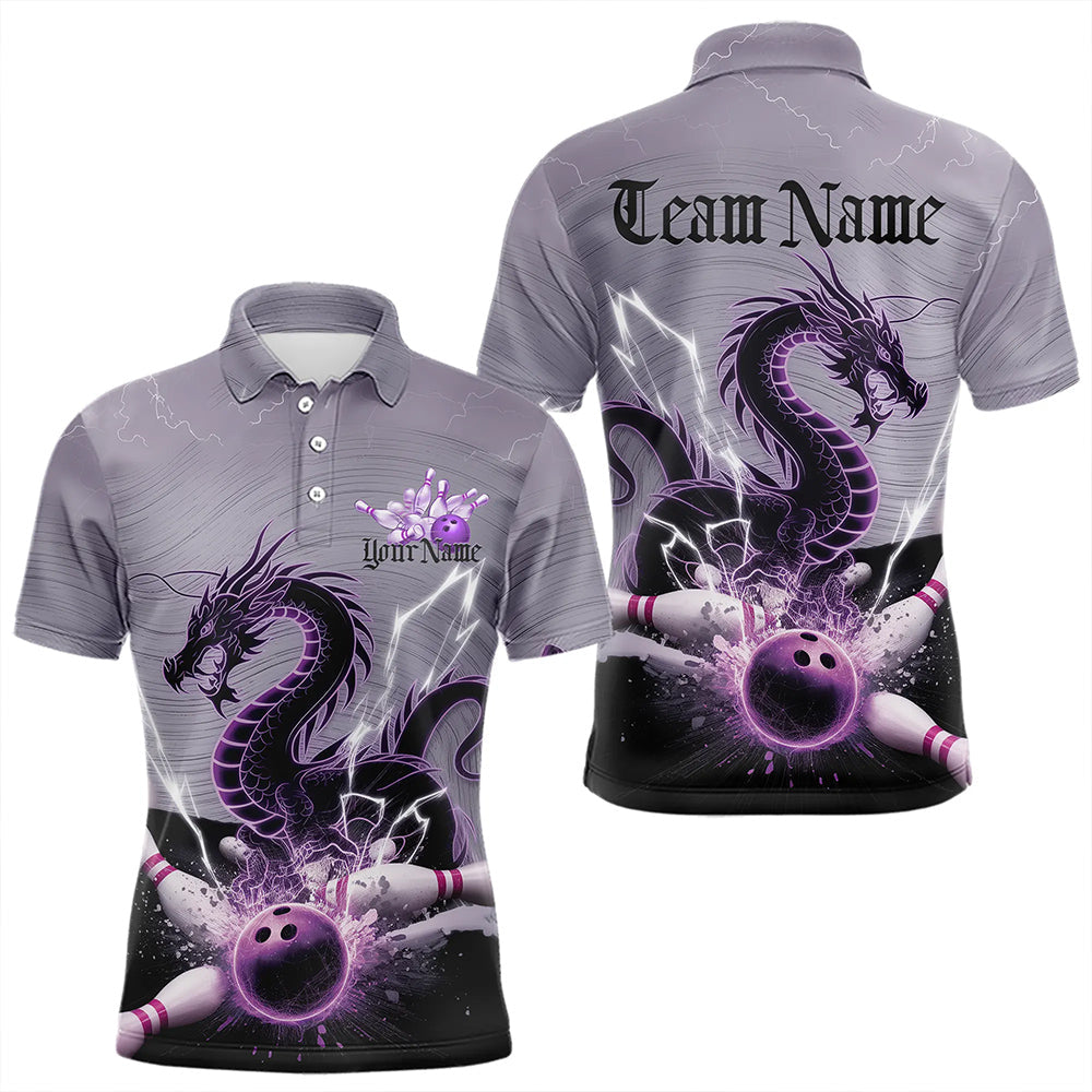 Custom Purple Thunder Lightning Dragon Bowling Polo Shirts For Men, Bowling Team Uniform IPHW8558