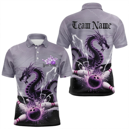 Custom Purple Thunder Lightning Dragon Bowling Polo Shirts For Men, Bowling Team Uniform IPHW8558