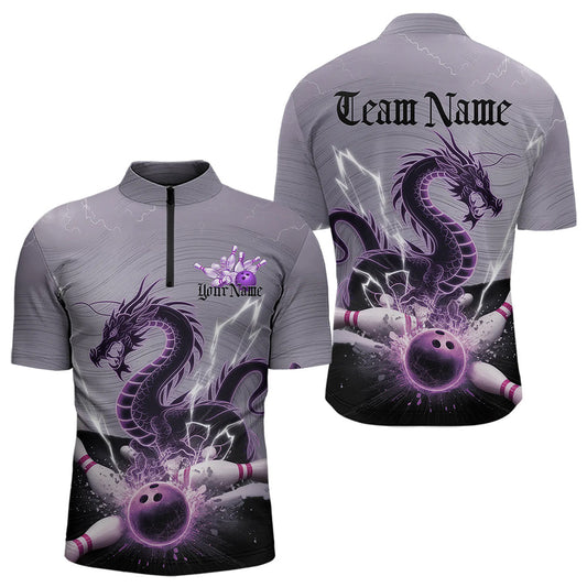 Custom Purple Thunder Lightning Dragon Bowling Quarter-Zip Shirts For Men, Bowling Team Uniform IPHW8558