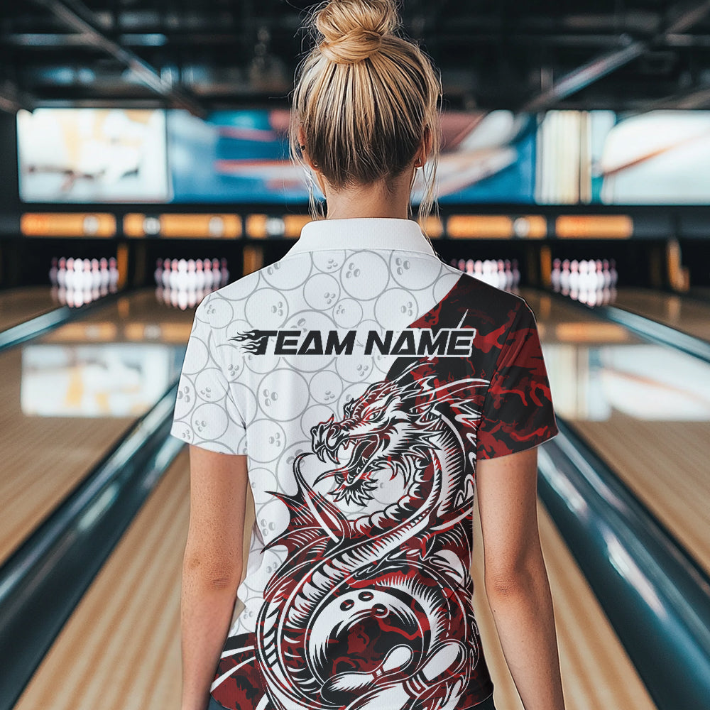 Custom Red Camo Dragon Bowling Tattoo Women Polo Shirts, Dragon Bowling League Team Shirt IPHW8883