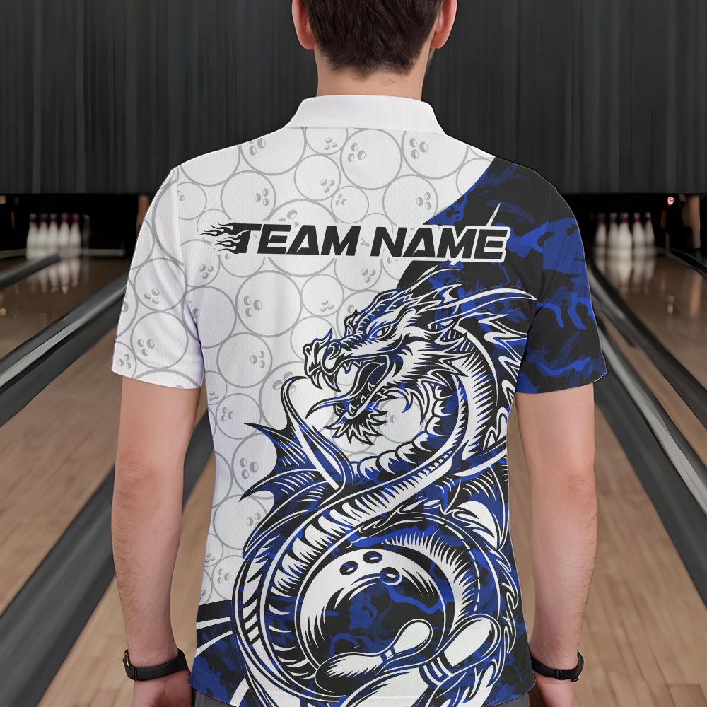 Custom Blue Camo Dragon Bowling Tattoo Men Polo Shirts, Dragon Bowling League Team Shirt IPHW8884