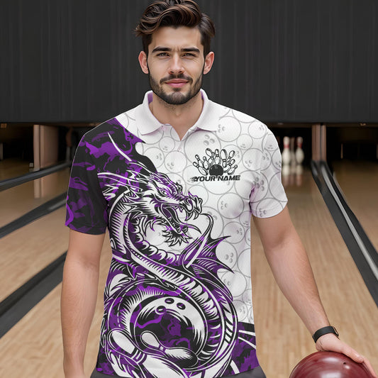 Custom Purple Camo Dragon Bowling Tattoo Men Polo Shirts, Dragon Bowling League Team Shirt IPHW8885