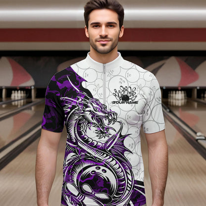 Custom Purple Camo Dragon Bowling Tattoo Men Quarter-Zip Shirts, Dragon Bowling League Team Shirt IPHW8885