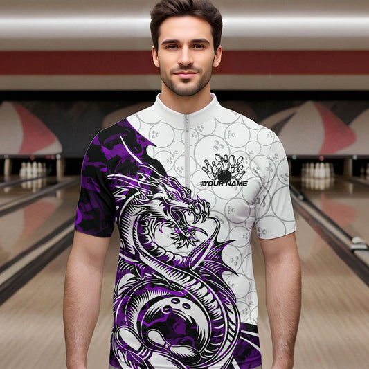 Custom Purple Camo Dragon Bowling Tattoo Men Quarter-Zip Shirts, Dragon Bowling League Team Shirt IPHW8885
