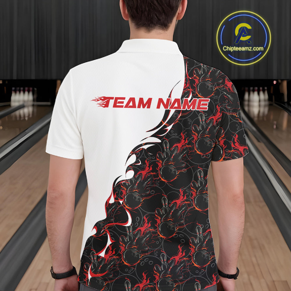 Back view of a male model in a bowling lane wearing a white polo shirt featuring red and black flame bowling pattern with energetic athletic styling.