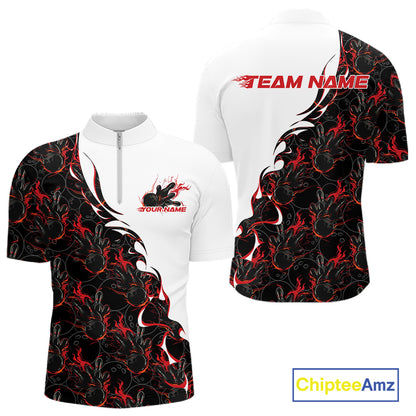 Mens quarter zip bowling shirt mockup displaying white shirt with red and black flame bowling pattern in a strong front and back design