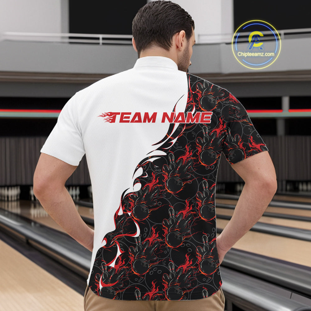 Male model at a bowling lane wearing white quarter zip shirt, front view showcasing red and black flame pattern with bold bowling-themed graphics