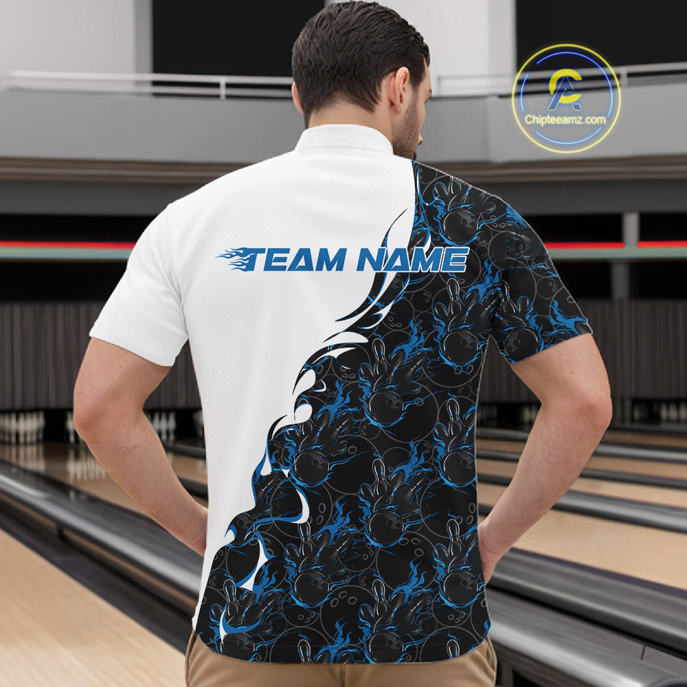 Male model at a bowling lane wearing white quarter zip shirt, front view featuring blue and black flame pattern with bold bowling action graphics