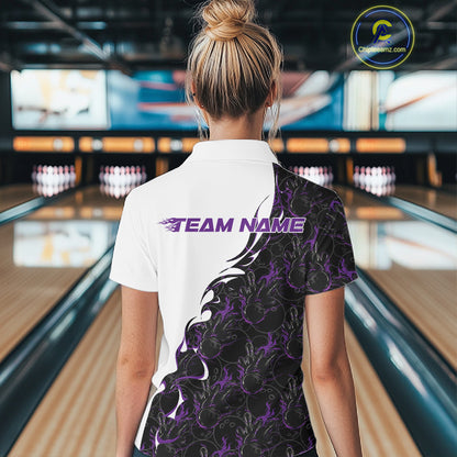 Back view of a female model in a bowling lane wearing a white polo shirt featuring purple and black flame bowling pattern with clean sporty bowling visuals.