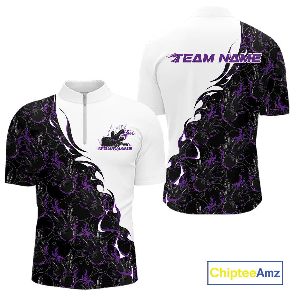 Mens quarter zip bowling shirt mockup showing white shirt with purple and black flame bowling pattern in a bold front and back layout