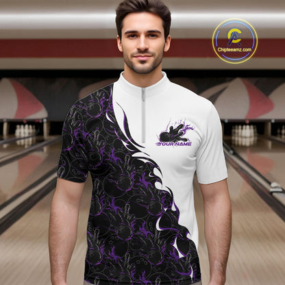 Male model at a bowling lane wearing white quarter zip shirt, front view showcasing purple and black flame bowling pattern with energetic design artwork