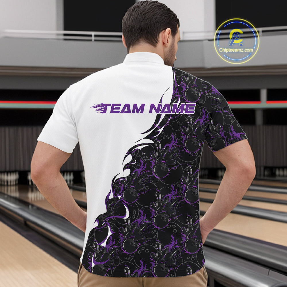 Male model in a bowling alley wearing white quarter zip shirt, front view featuring purple and black flame pattern with striking bowling-themed visuals